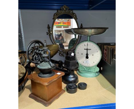 A Victorian style set of kitchen scales; a Salter scale; a coffee grinder; 2 parasols 