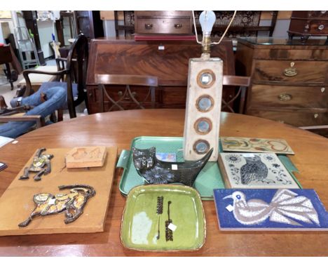 A studio pottery stoneware table lamp in the Troika manner, with shade; a  Porsgrund owl tile; a stylized pottery cat; variou