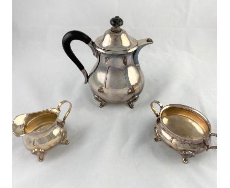 A Swedish plain baluster silver 3-piece tea service on cast scroll and shell feet, 3 crown mark and 830S, 29oz. (896gm)