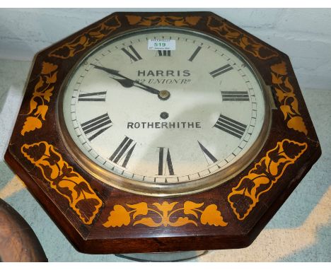 A 19th century wall clock in octagonal rosewood case with marquetry leaf and flower inlay, single train fusee movement by Har