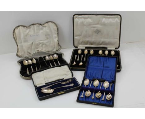 FOUR CASED SETS OF SILVER CUTLERY, includes a child's christening set, comprising; spoon and fork, Birmingham 1942 by Israel 