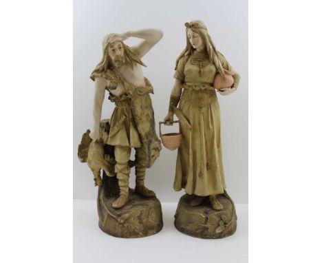 A PAIR OF AUSTRIAN ERNST WAHLISS CERAMIC FIGURES, 'Hunting' and 'Gathering', 39cm high 