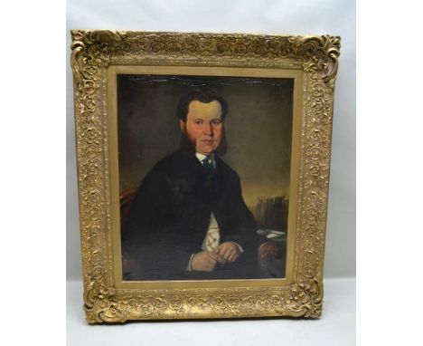 MID 19TH CENTURY "Portrait of a Gentleman", half-length, seated at a writing table with books, Oil painting on canvas, 74cm x