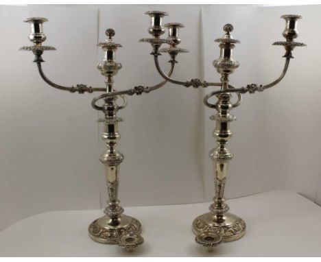 A PAIR OF EARLY 19TH CENTURY LARGE SHEFFIELD PLATE CANDELABRA, additional sconces to convert from two light to three light or
