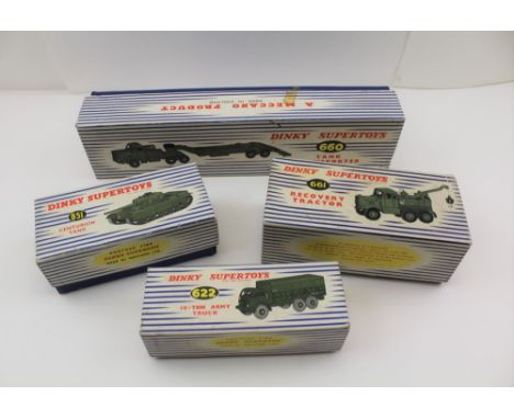 A COLLECTION OF FOUR MILITARY "DINKY SUPERTOYS", 10-ton Army truck, 622; Centurion tank, 651; Tank transporter, 660; Recovery