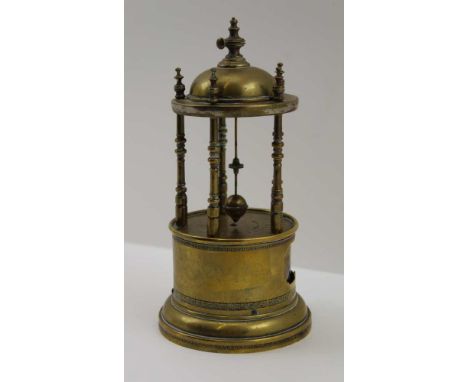 A LATE 19TH CENTURY BRASS FRAME TABLE TOP MYSTERY CLOCK, gazebo framed on column base, magnitized suspended indicator within,