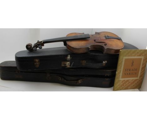 THREE VIOLINS, including two bearing the label, "Stradivarius", together with six BOWS, two CASES and a BOOK by Dirk J. Balfo