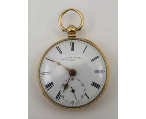 A GOLD CASED OPEN FACE POCKET WATCH, the white enamel dial with Roman numerals and secondary dial, inscribed "Samuel Dixon, 2