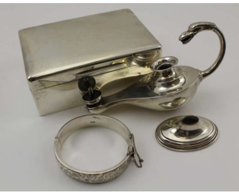 PADGETT &amp; BRAHAM LTD A SILVER CIGARETTE BOX, cedar wood lined, London 1932, 13cm wide, together with A SILVER BANGLE, one
