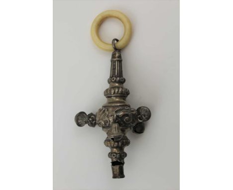 EDWARD SOUTER BARNSLEY AN EDWARDIAN SILVER CHILD'S RATTLE, with whistle, fitted five bells and teething ring, Birmingham 1903