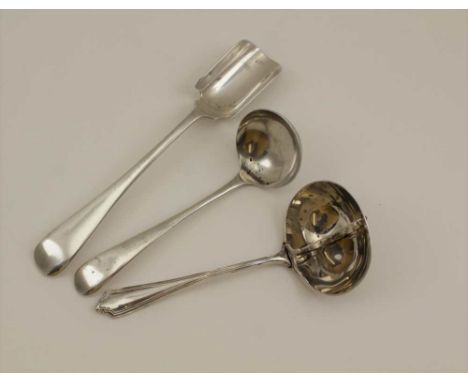A SILVER STRAINING LADLE 1922, together with a silver cream ladle 1939 and a silver stilton scoop 1924, combined weight; 114g