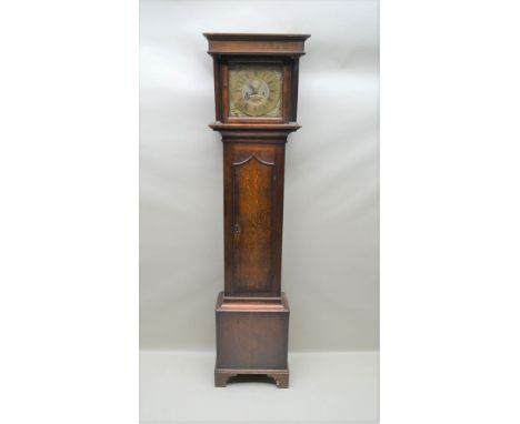 A GEORGE III OAK LONGCASE CLOCK, "William Greaves, Bromsgrove", engraved to the square brass 11" dial, having cast figurative