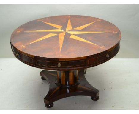 A 19TH CENTURY MAHOGANY INLAID NAUTICAL TABLE, the circular drum top inlaid satinwood compass points, set to the frieze four 