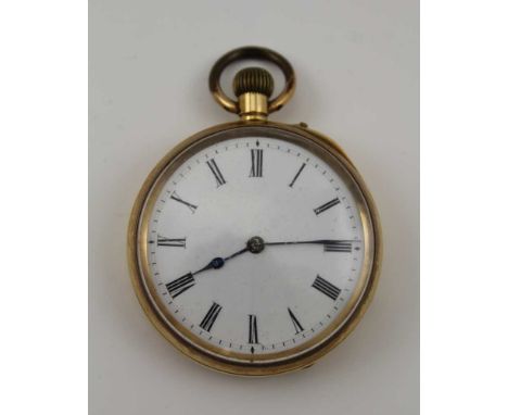 AN 18K GOLD CASED OPEN FACE POCKET WATCH, the white enamel dial with Roman numerals, back cover engraved with an ornate monog