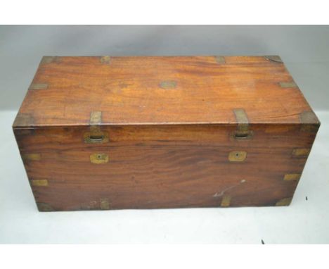 A 19TH CENTURY CAMPHOR WOOD TRUNK, iron carrying handles, brass reinforcing mounts, 106cm wide x 45cm high 