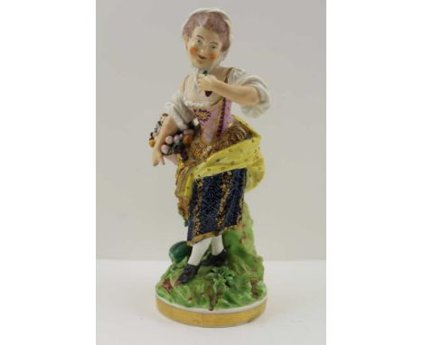 AN EARLY 19TH BLOOR DERBY PORCELAIN FIGURE, a young woman symbolising Autumn, painted and gilded decoration, printed factory 