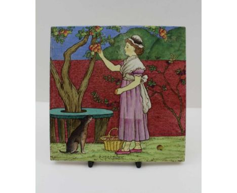 JOSIAH WEDGWOOD A PAINTED POTTERY TILE, "September", a girl picking apples, embossed verso "Josiah Wedgwood &amp; Sons, Etrur