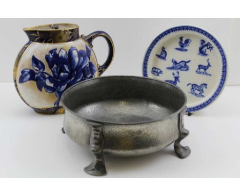 A DOULTON BURSLEM POTTERY WATER JUG, with blue floral decoration, gilded having metal cover, 18cm high, together with A COPEL