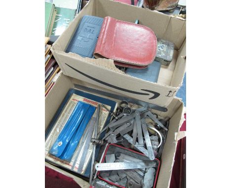 Fowler's Universal Calculator in Leather Pouch, two sharp D.A.L calculators, drill bits, Felimit precision gauge, Moore &amp;