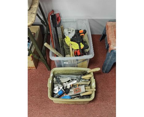 Spear &amp; Jackson and Other Saws, battery charger, rasps, spanners, other tools:- Two Boxes.