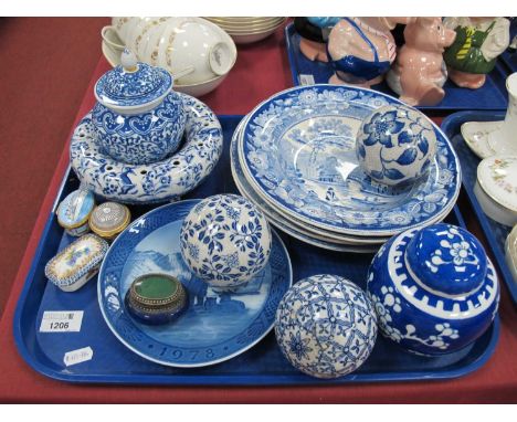 Pair of XIX Century Blue-White Plates, possible (Middlesborough Pottery) Wild Rose pattern, Halcyon Days enamel box, blue-whi