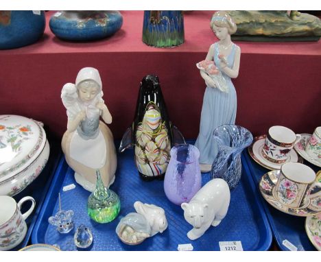 Lladro Polar Bear, Duck and Ducklings, Nao figurines, glass penguin, Caithness paperweight and vase, Swarovski mouse, etc:- O
