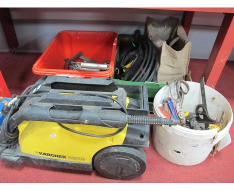 Tools - Adjustable spanners, spanners, Richmond drill, stainless rulers, hacksaws, g clamps, pressure gauge, Karcher power wa
