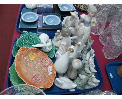Wedgwood Leaf Moulded Plates, Shorter dish, Lladro swan, Nao and other figures etc:- One Tray.