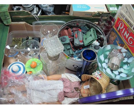 Four Babycham glasses, sinuous mottled bon bon dish, jampot, German doll, The Ring magazine, plastic soldiers, diecast vehicl