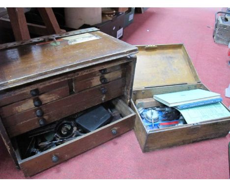 Micrometers - Moore &amp; Wright, Verdict measure, levels, B &amp; D screwdriver, other tools in box and chest.