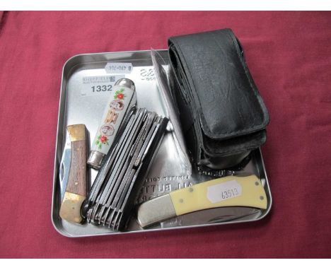 Multi tool Stainless Steel Pocket Knife, in case, Khyber, other Japanese and Richards of Sheffield single blade knives. (4)