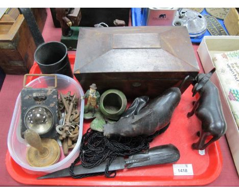 Metal Posy As A Many Stood on Shamrock Leaf, 7.5cm high, tea caddy, keys, carved buffaloes, paper knife, cider measure etc:- 