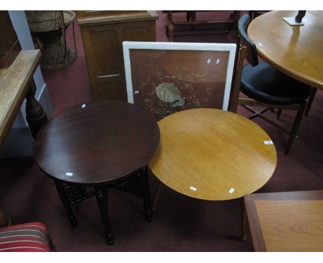Firescreen with Braid and Needlework Panel, featuring exotic bird. 1960's golden oak circular coffee table, Middle Eastern ex