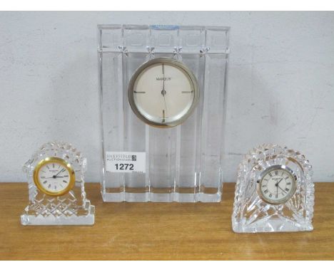 Waterford 'Marquis' Mantle Clock. 17cm high, two smaller Waterford clocks. (3)