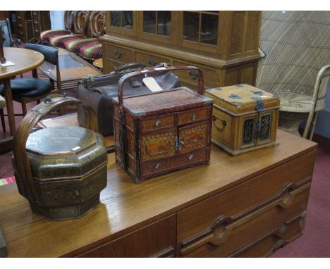 Chinese Jewellery Box, with drop mirror to lift up lid, 24cm wide. Two carry storage boxes. (3).