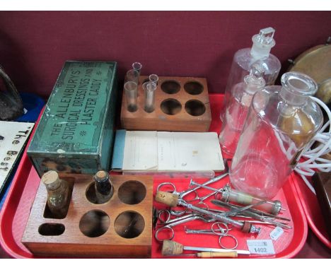 Medical Collectables, including three chemist bottles, Attenbury's 'Plaster Caddy' tin, surgical instruments etc:- One Tray