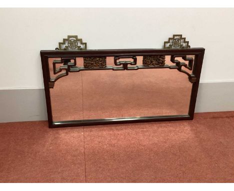 A XX Century Chinese Hardwood Rectangular Shaped Wall Mirror, with geometric and carved figural decoration, 98cm wide.