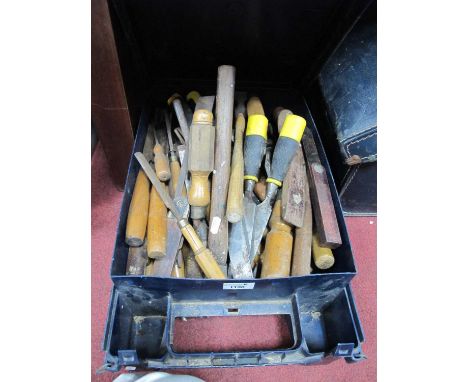 Chisels, hammers, level and other tools mainly wooden handles:- One case.