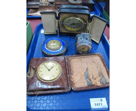 Early XX Century Silver Enamel Eight Day Swiss Movement Dressing Table Clock, two early XX Century travel clocks, together wi