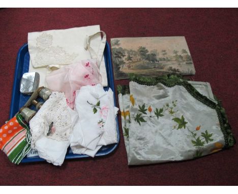 Mother of Pearl and Gilt Opera Glasses, pewter snuff box, watercolour, handkerchiefs, etc:- One Tray.,