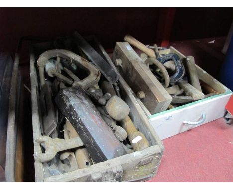 Tools - G Clamps, Record small plane, spanners, hammer etc, in two boxes.