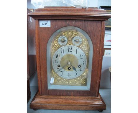 Junghans German Early XX Century Oak Cased Mantle Clock with Westminster Chimes, chime/silent and slow/fast dials.