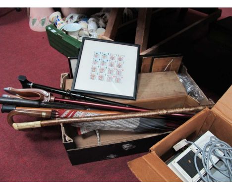 Shooting Stick, walking sticks, Rank Hylite projector, framed stamps:- One Box.