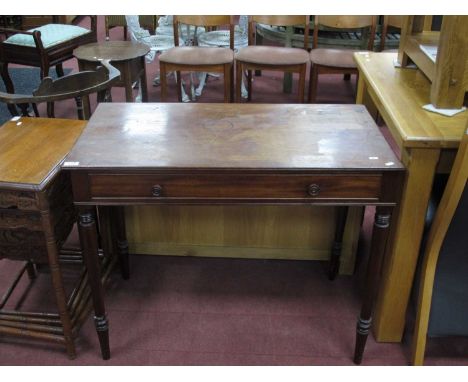 Early XIX Century Mahogany Side Table, with a single drawer, on turned legs, 92cm wide.  Top has ring marks, stains, other ma