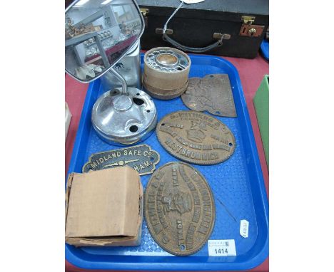 Harley Davidson Wing Mirror. Telephone Dial. GEC Electric buzzer, four metal safe plaques, tea tin.