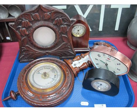 Amsua and Ebony Bedside Clocks, Edwardian arched mahogany mantle clock, barometer, pokerwork carved oak photograph frame