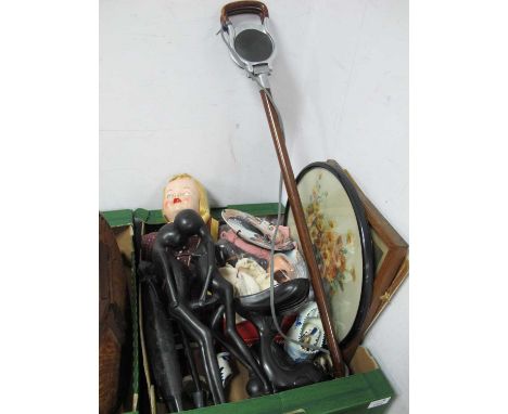 Dolls, ebony figures, shooting stick fan, print, etc:- One Box