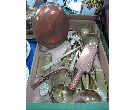 Brass Ladles, toast rack, scoop, copper hot water bottle, Sankey crumb tray, bugle etc.