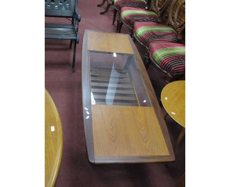 G Plan Teak Rectangular CoffeeTable, 1970's with central glass inset panel, ten slatted uder shelf, on 'U' supports 152cm wid