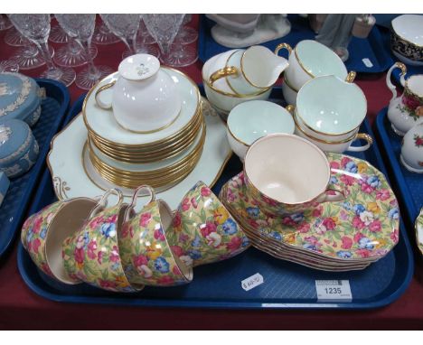 Six Royal Winton Chintz TV Saucers and Five Cups, Wedgwood teaware:- One Tray